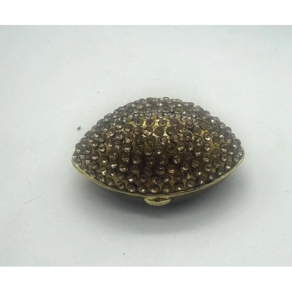 Football Rhinestone Hinged‎ Trinket Pill Box Gold Tone Crystal Enamel Interior